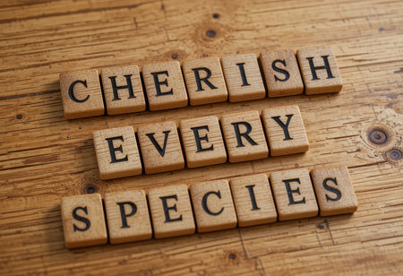 A creative arrangement of wooden letter tiles spelling "Cherish Every Species" on a rustic wooden background, promoting environmental awareness and biodiversity conservation.の素材