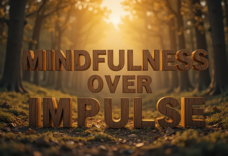 This image showcases the words "Mindfulness Over Impulse" carved in wood, set against a tranquil forest backdrop enveloped in warm sunlight, inspiring peaceful reflection.の素材