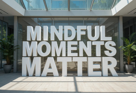 A modern indoor setting showcasing large white letters that state "Mindful Moments Matter," surrounded by greenery, embodying a peaceful and inspirational atmosphere.の素材