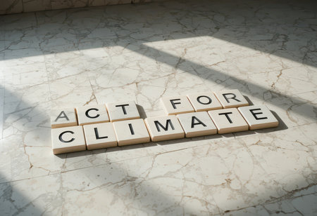 The image features wooden letters spelling out "ACT FOR CLIMATE" on a marble floor, illuminated by soft sunlight. It conveys a strong message of environmental awareness and action.の素材