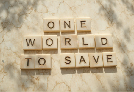 This image features the powerful phrase "One World to Save" arranged in tiles on a marble background, ideal for promoting environmental awareness and sustainability themes.の素材