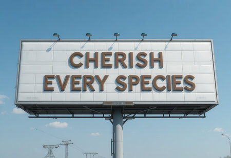 A large billboard featuring the phrase "Cherish Every Species" emphasizes the importance of environmental awareness and conservation. The clear blues of the sky enhance the impactful message.の素材