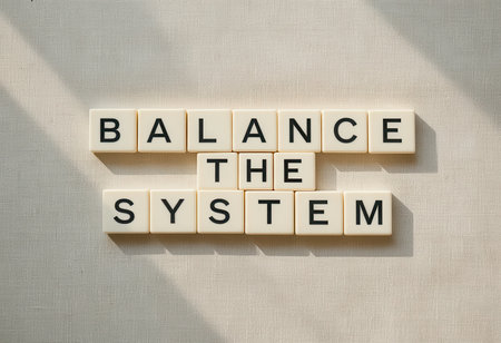 A minimalistic composition of letter tiles spelling "Balance the System," symbolizing the importance of equilibrium and clarity in various aspects of life.の素材