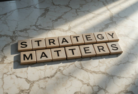The image displays wooden blocks spelling "STRATEGY MATTERS," symbolizing the essential role of strategy in effective business planning and decision making.の素材