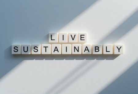 A creative arrangement of letter tiles spells "Live Sustainably" on a minimalist background, emphasizing eco-conscious living and the importance of protecting our planet.の素材