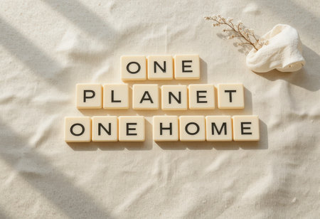 Cozy flat lay of letters spelling "One Planet One Home" on textured fabric. The arrangement emphasizes a message of unity and sustainability in a serene setting.の素材