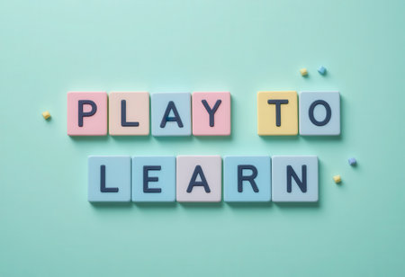 Colorful letter tiles spell out "Play to Learn" against a mint background, symbolizing the connection between fun and education. Perfect for conveying playful learning.の素材