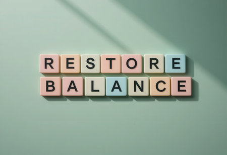 This image features colorful letter tiles spelling "Restore Balance" on a soft green background, emphasizing themes of calm and mindfulness for creative projects.の素材