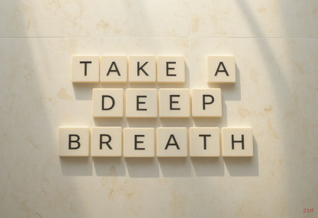 This image features a motivational phrase "Take a Deep Breath" arranged artistically using letter tiles. Perfect for promoting mindfulness and relaxation practices.の素材