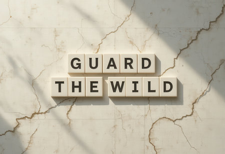 A creative composition featuring letter tiles that spell out "Guard the Wild" against a cracked wall. This visual promotes nature conservation and wildlife protection.の素材