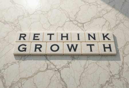 A marble background features the phrase "Rethink Growth" crafted from tiles, symbolizing new ideas in business and inspiring innovation and development strategies.の素材