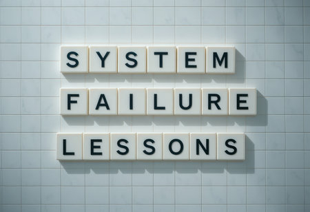 This image illustrates the concept of learning from system failures by showcasing the words "System Failure Lessons" on tiles. It reflects the importance of improvement.の素材