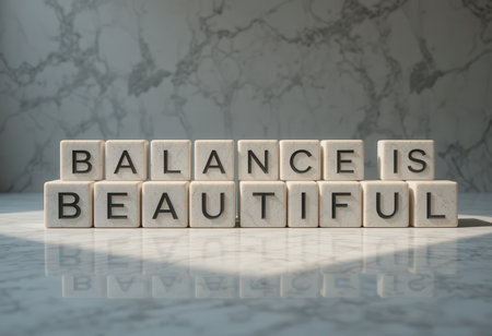 A captivating display of the words "Balance is Beautiful" crafted from lettered blocks on a marble surface, symbolizing harmony and inspiration.の素材