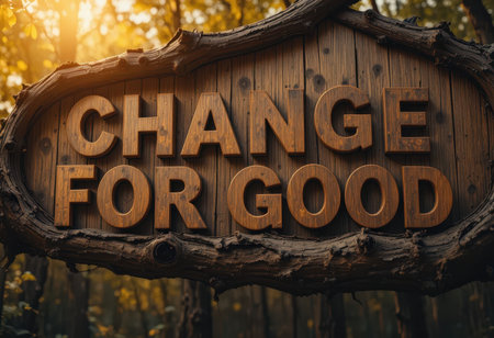 A beautifully crafted wooden sign features the uplifting phrase "Change for Good," set in a serene forest. The warm sunlight filters through the trees, creating a peaceful and inspiring atmosphere.の素材
