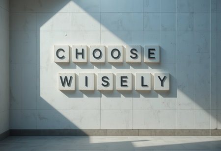 A well-composed image featuring the phrase "Choose Wisely" in bold letters on a wall. The interplay of light and shadows enhances the motivational theme, creating a calm atmosphere.の素材