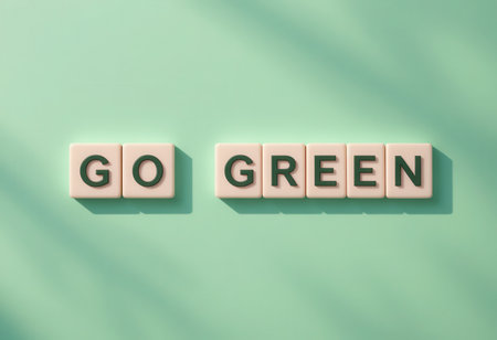 This image features tile letters spelling "Go Green" against a soft green background, promoting an eco-friendly message. Ideal for environmental campaigns.の素材