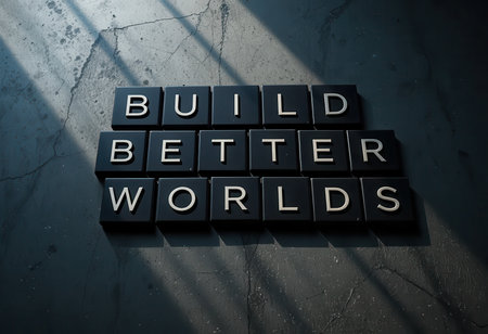 A captivating arrangement of letters spelling "Build Better Worlds" on a textured surface, symbolizing creativity and inspiration in personal and collective growth.の素材