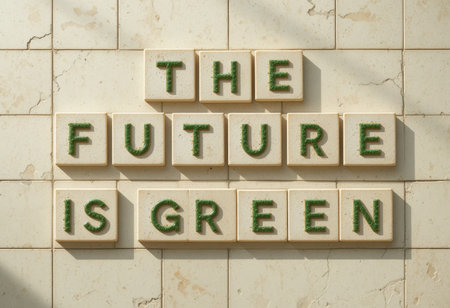 A vibrant display of letters forming the phrase "The Future Is Green" on natural tiles, emphasizing sustainability and environmental consciousness through a modern design.の素材