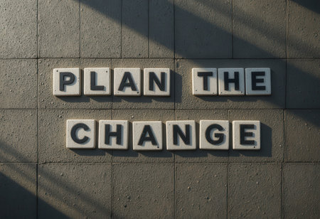 A visual representation of inspiration with letter blocks forming the phrase "Plan the Change." A perfect image for promoting motivation and strategic thinking in personal or professional environments.の素材