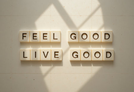 A clean and minimalist composition of positive affirmations displayed on a light background, encouraging a mindset of wellness and happiness through thoughtful arrangement and design.の素材