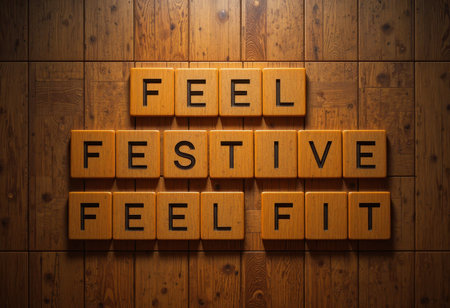 Inspirational wooden tiles display the message "Feel Festive Feel Fit," evoking a sense of motivation and joy for the holiday season and beyond.の素材