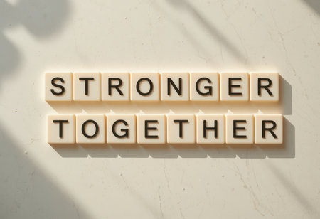 A flat lay of letter tiles spelling "Stronger Together" captures the essence of unity and support. Ideal for themes of teamwork and motivation.の素材