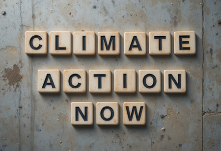A compelling arrangement of wooden tiles spelling "Climate Action Now" highlights the urgent need for environmental awareness and advocacy.の素材