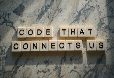 This inspiring image showcases the phrase "Code That Connects Us" arranged on a marble surface, symbolizing unity and creativity in technology and communication.の素材