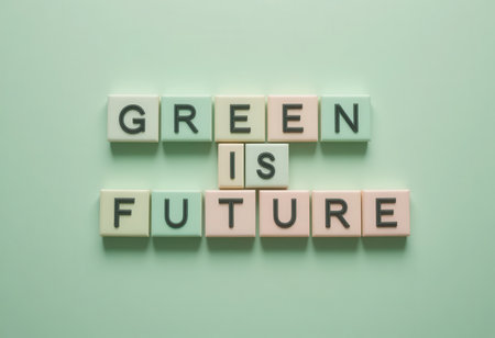 This image showcases a creative arrangement of tiles spelling "Green is Future," symbolizing sustainable living and environmental awareness. Perfect for eco-focused projects.の素材