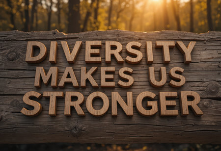 A beautifully crafted wooden sign displaying the message "Diversity Makes Us Stronger" set in a serene forest. Perfect for promoting unity and empowerment.の素材
