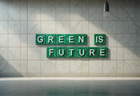 A modern inspirational message "Green Is Future" displayed on a stylish wall, symbolizing hope and sustainability in a bright, minimal space.の素材