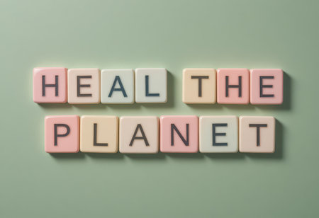 A colorful arrangement of tiles spelling "Heal the Planet" emphasizes the urgency of environmental conservation and sustainability. Perfect for eco-related projects.の素材