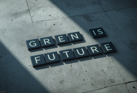 A captivating arrangement of letter blocks spelling "Green is Future," set against a concrete floor with dramatic shadows, conveying a message of hope and sustainability.の素材