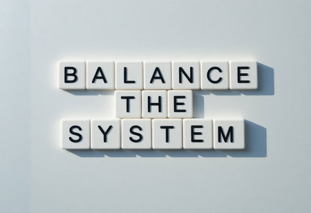 The image displays the phrase "Balance the System" created with white letter tiles on a clean white background, ideal for conveying themes of harmony and motivation.の素材