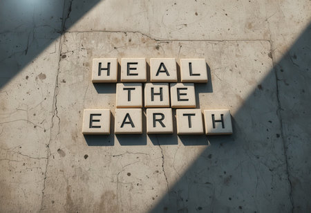 A creative composition of wooden blocks forming the phrase "Heal the Earth" on a textured concrete surface. This image promotes environmental awareness and sustainability.の素材