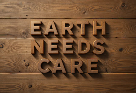 This image features wooden letters spelling 'Earth Needs Care' on a rustic wooden background, emphasizing the importance of environmental awareness and care for our planet.の素材