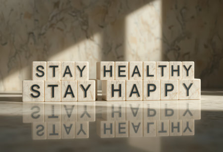 An uplifting message promoting health and happiness, displayed with wooden blocks on a reflective surface, creating a serene atmosphere. Perfect for motivational decor.の素材