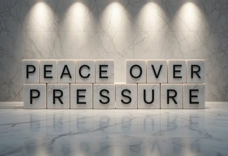This image features the phrase "Peace Over Pressure" displayed with elegant marble blocks against a stylish backdrop. It inspires calm and positivity.の素材