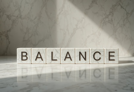 A serene composition showcasing the word "balance" using marble blocks, reflecting tranquility and motivation on a smooth marble surface. Perfect for wellness themes.の素材