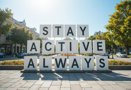 Inspiring urban scene featuring large signs that promote an active lifestyle. The vibrant message encourages people to stay active always, surrounded by a sunny city backdrop.の素材