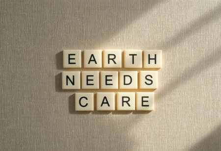 A creative display of wooden blocks spelling the message "Earth Needs Care," capturing the essence of environmental awareness with a soft shadow effect.の素材