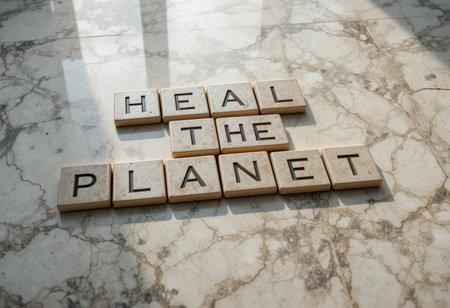 A peaceful arrangement of wooden letters spelling 'Heal the Planet' on a beautiful marble surface. This image emphasizes environmental awareness and sustainability in a minimalist style.の素材