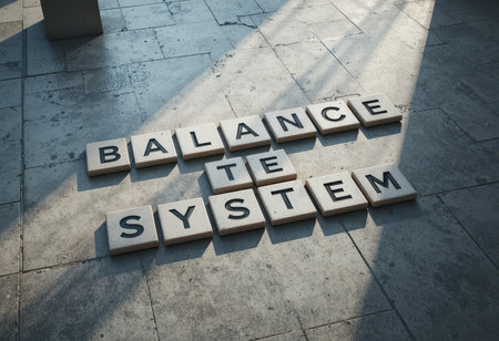 Conceptual visual of the phrase "Balance the System" arranged with tiles on a floor, illuminated by natural light, creating a symbolic representation of harmony and clarity.の素材