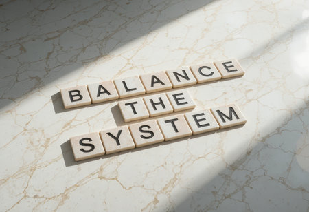A creative arrangement of letter tiles spelling "Balance the System" on a marble surface, symbolizing harmony and effective strategies in personal and professional growth.の素材