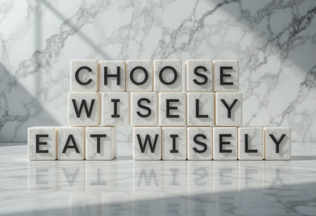 A striking arrangement of marble blocks showcasing the motivational quote "Choose Wisely Eat Wisely," set against a beautiful marble surface, inspiring healthier choices.の素材