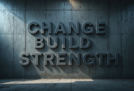 Captivating motivational words "Change, Build, Strength" on a textured wall evoke inspiration and determination. Ideal for personal development and empowerment themes.の素材