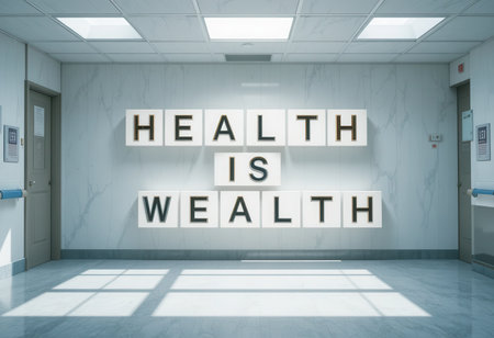 This image features an inspiring message, "Health is Wealth," displayed prominently in a modern hospital setting, symbolizing the importance of wellbeing and care.の素材