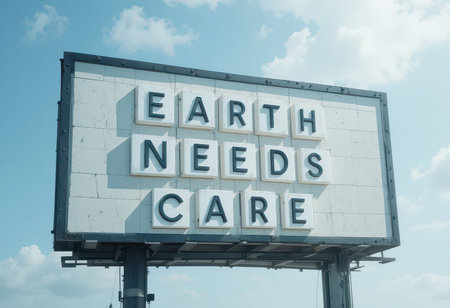 This striking billboard features a message urging care for the earth, emphasizing the importance of environmental protection and sustainable practices.の素材