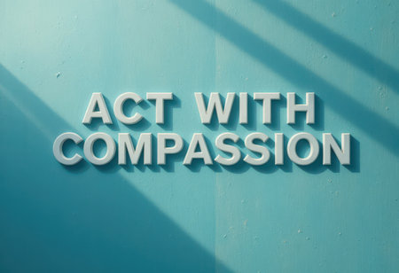 A striking image of the phrase "Act with Compassion" displayed on a vibrant blue wall, embodying a powerful message of kindness and empathy in a modern design.の素材