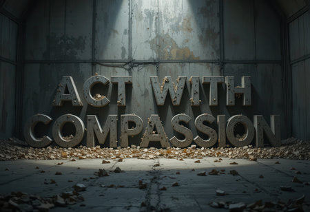 A powerful visual featuring large letters spelling "ACT WITH COMPASSION" in an abandoned space, symbolizing hope and the importance of kindness in our lives.の素材